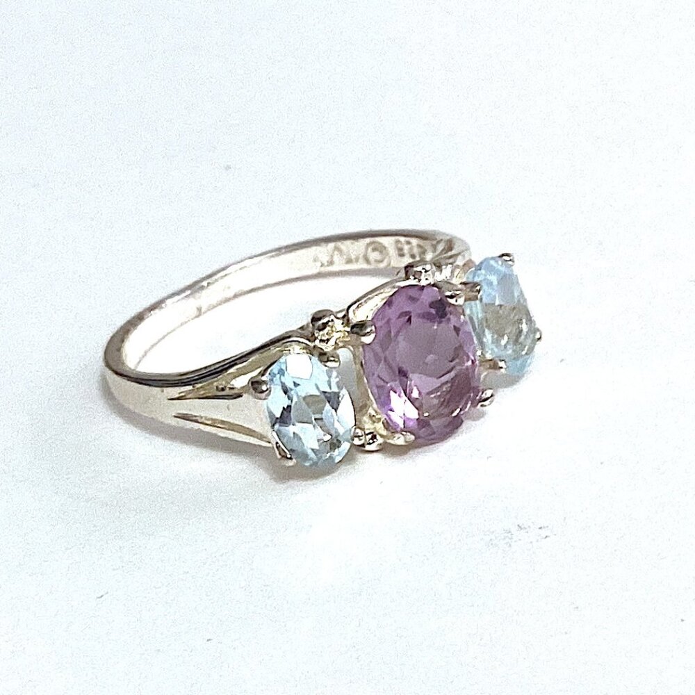 Amethyst & Aquamarine, Hallmarked Sterling Silver Band, Stunning Gemstone Size 7